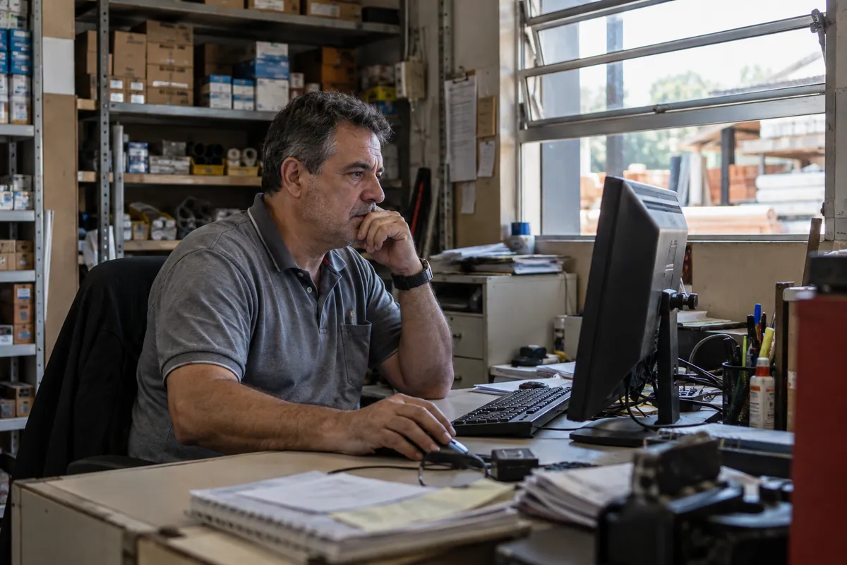 Gerente de uma loja de materiais de construção confere o computador no escritório dos fundos