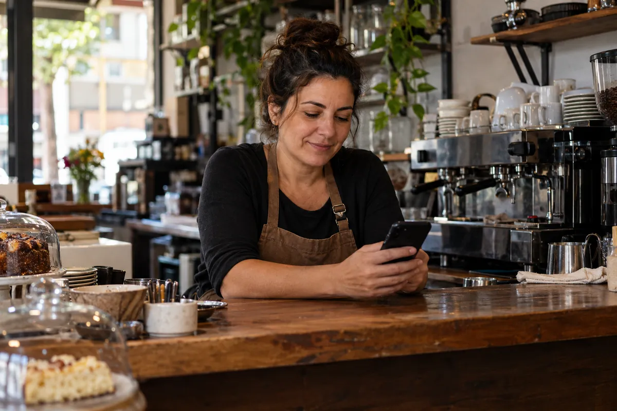 Dona de cafeteria olha o celular atrás do balcão, com a máquina de café ao fundo