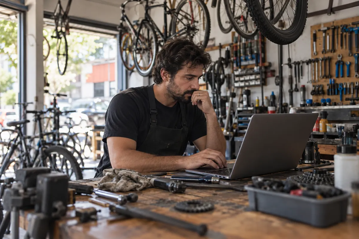 Dono de uma loja de bicicletas trabalha no notebook na bancada da oficina