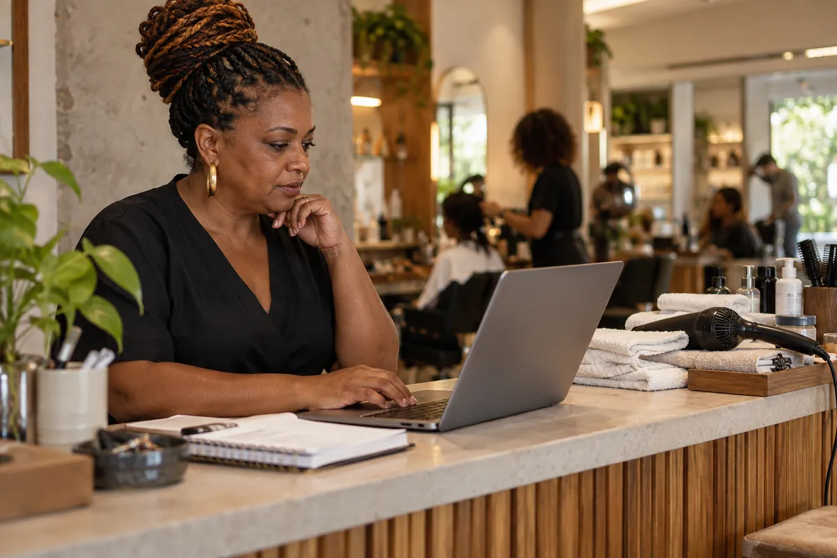 Dona de salão confere uma planilha no notebook no balcão da recepção, ao lado de toalhas dobradas e um secador