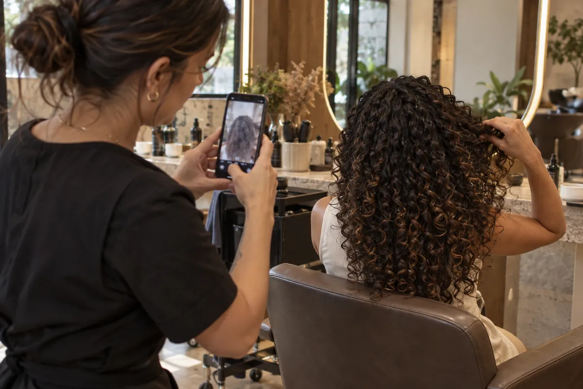 Cabeleireira fotografa com o celular o cabelo cacheado finalizado de uma cliente sentada de costas
