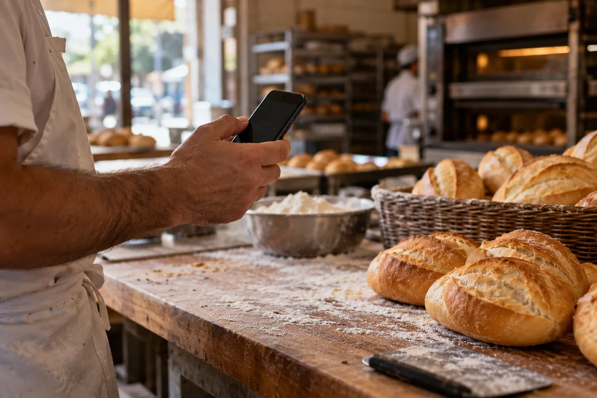 Mão segura um celular sobre a bancada de madeira de uma padaria, com pães ao fundo