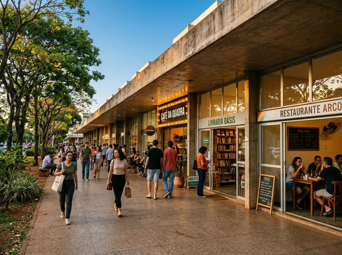 Calçada de uma rua comercial com lojas e pessoas caminhando