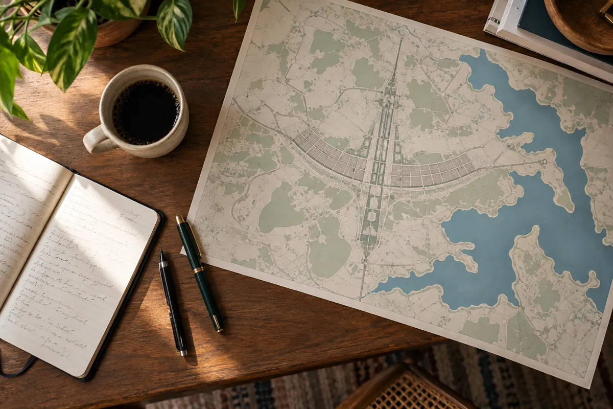 Mesa vista de cima com caderno de anotações e um mapa impresso