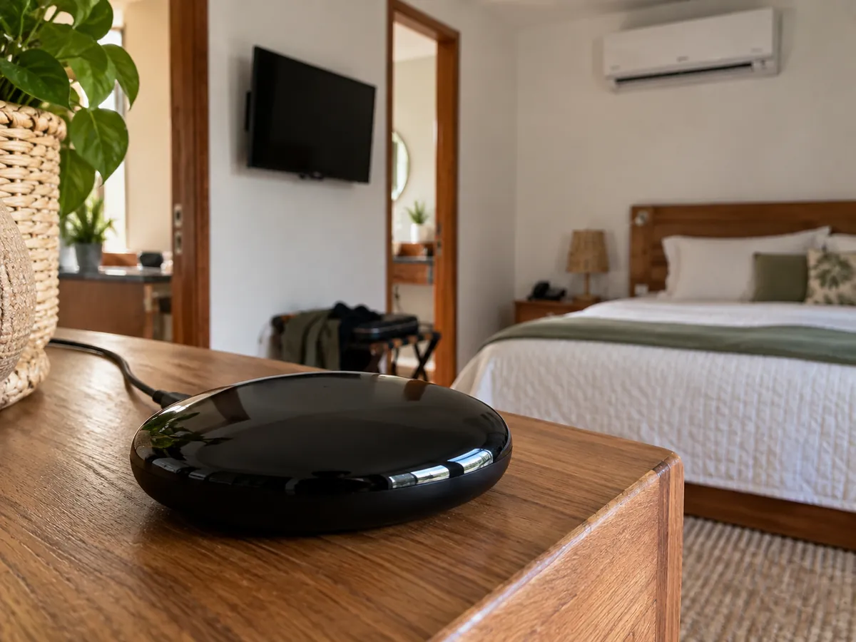 Controle universal Wi-Fi na prateleira de um quarto de pousada, de frente para o ar-condicionado