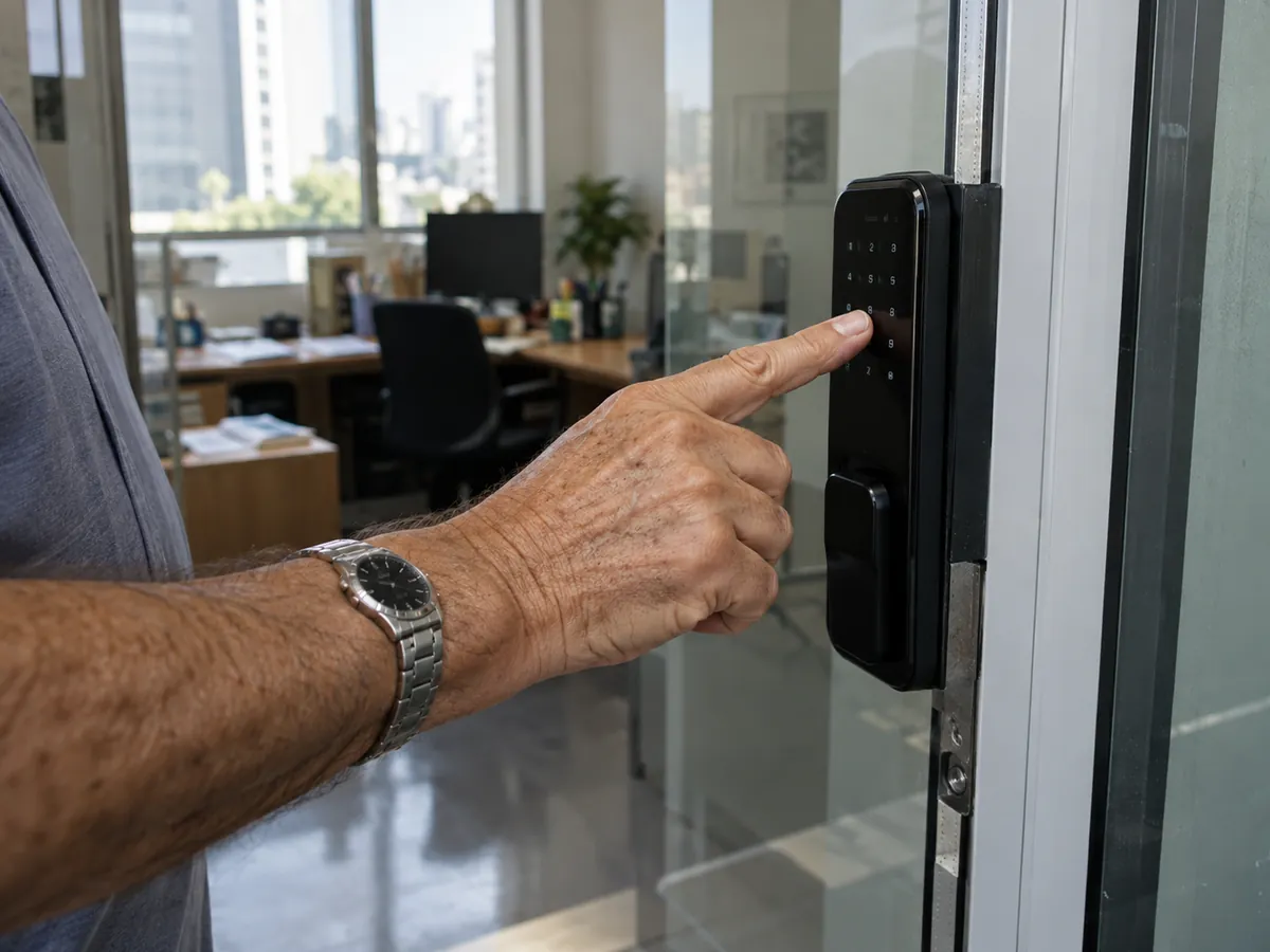 Homem digita a senha numa fechadura digital na porta de vidro de um escritório