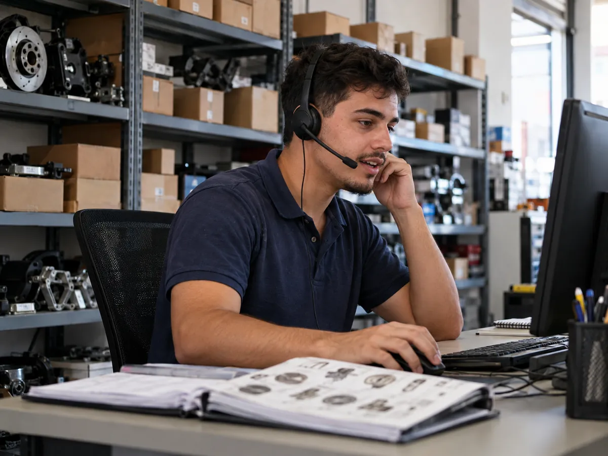 Atendente de loja de peças fala ao telefone pelo computador usando headset
