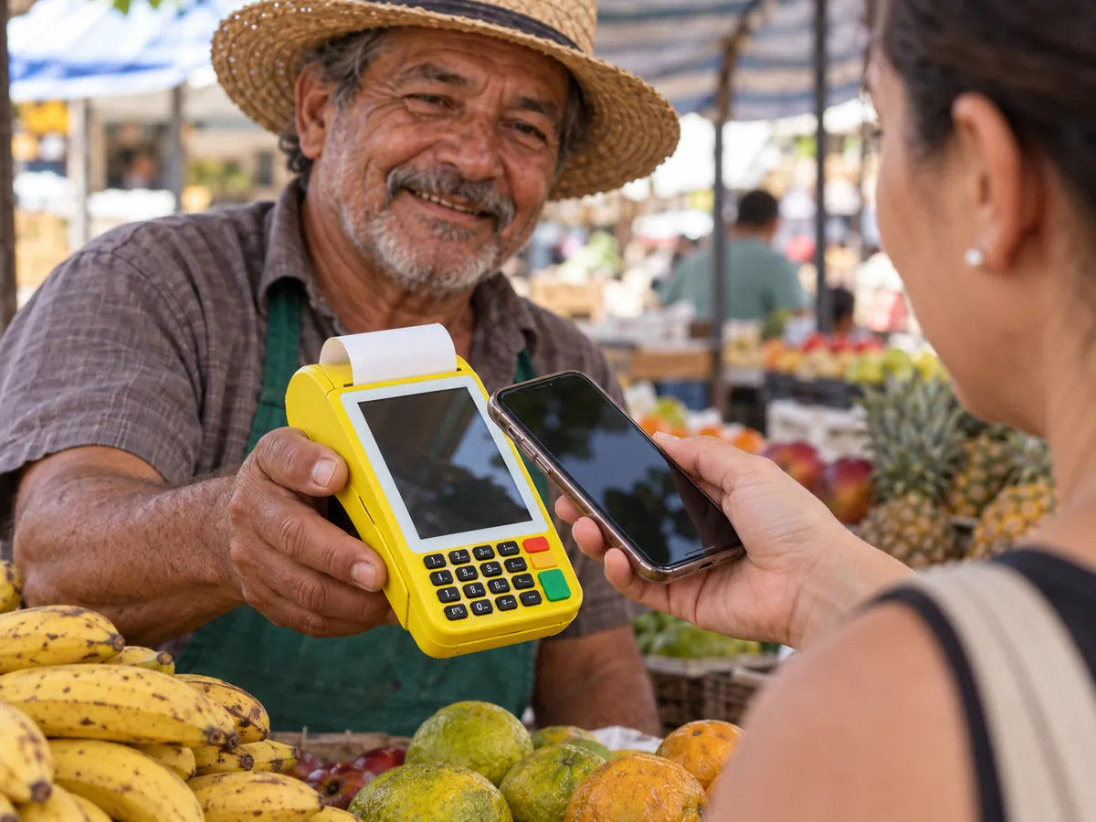 Feirante segura a maquininha para a cliente pagar por aproximação com o celular