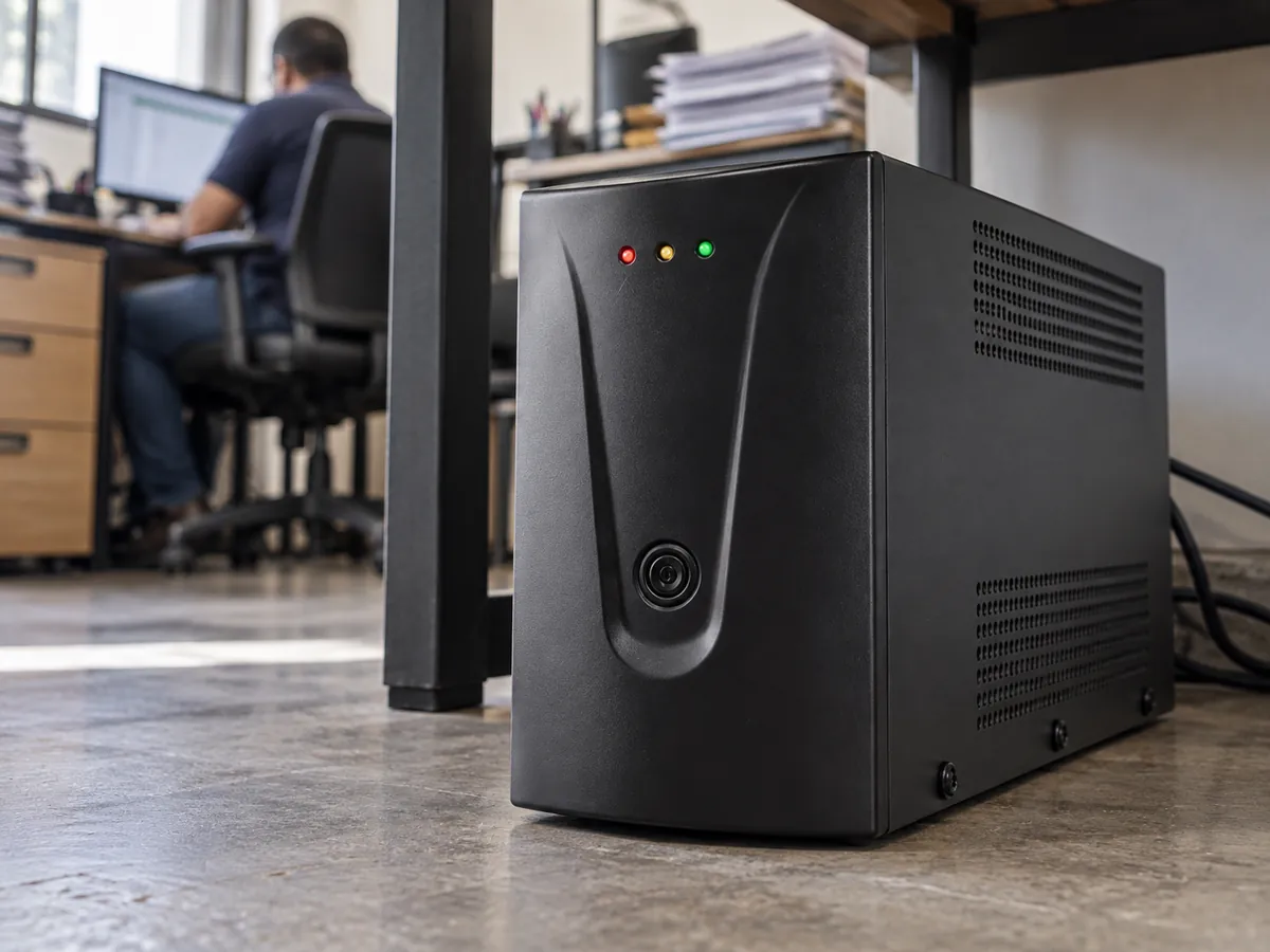 Nobreak preto com luz verde acesa debaixo de uma mesa de escritório de contabilidade