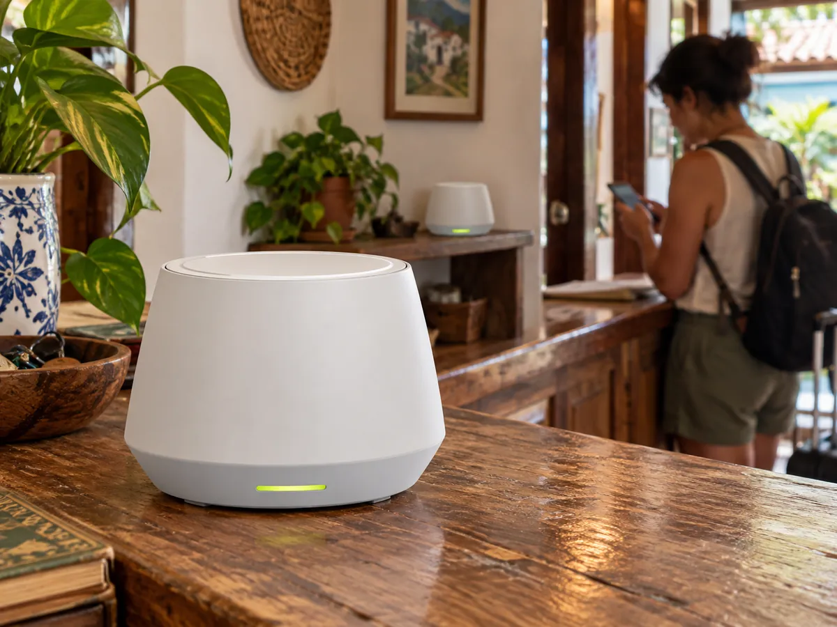 Aparelho de Wi-Fi branco num aparador do corredor de uma pousada