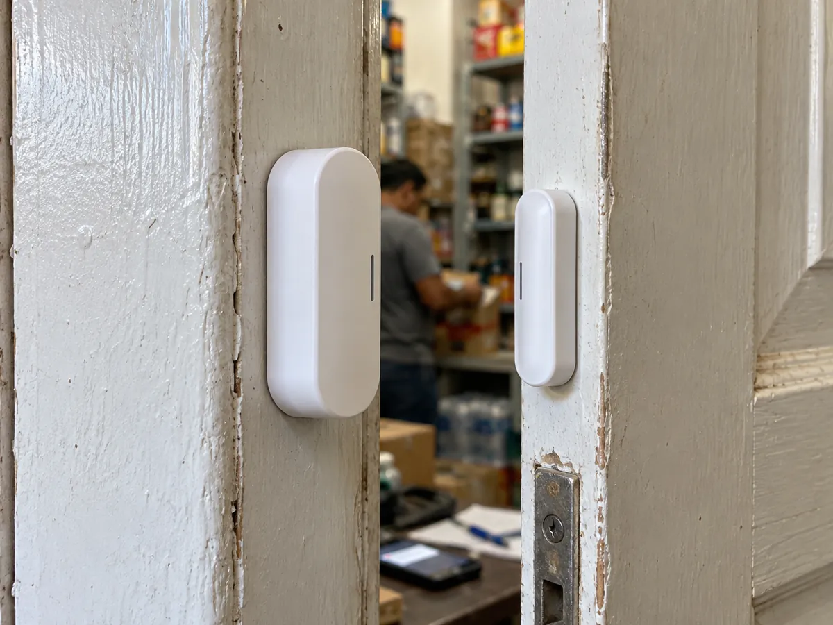 Sensor de abertura branco colado no batente da porta de um depósito