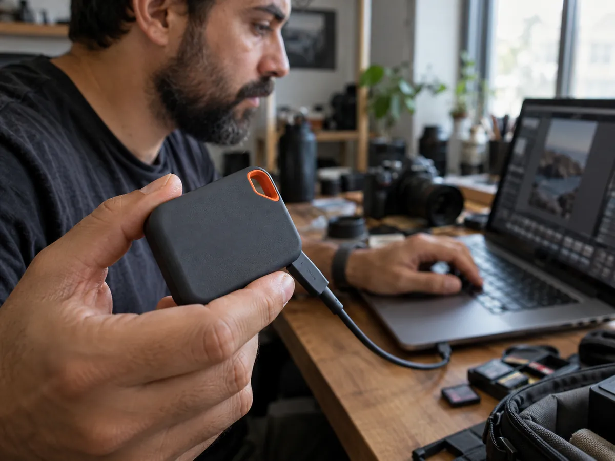 Fotógrafo copia fotos do notebook para um HD externo fino sobre a mesa