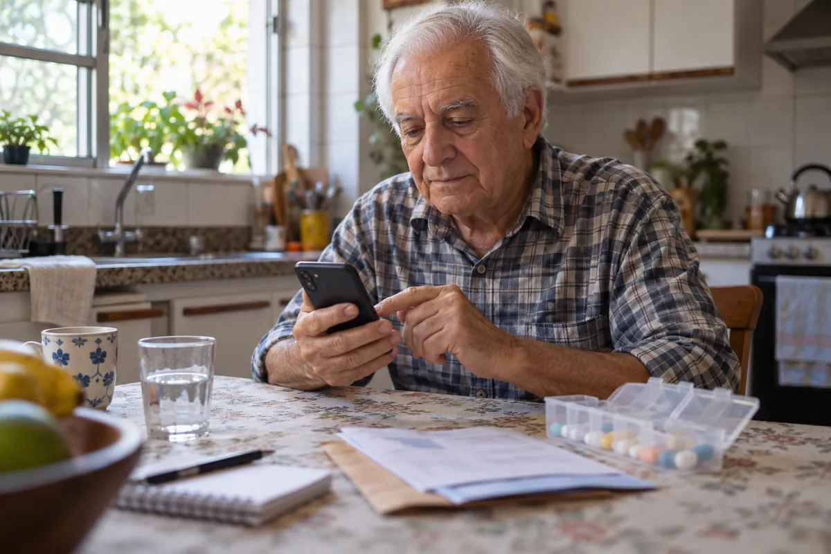 Senhor de uns 70 anos confere a agenda no celular na mesa da cozinha, ao lado de uma caixa de remédios