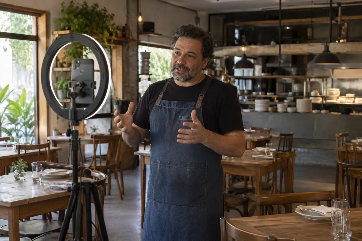 Dono de restaurante grava um vídeo para o celular num tripé com luz de anel, no salão vazio