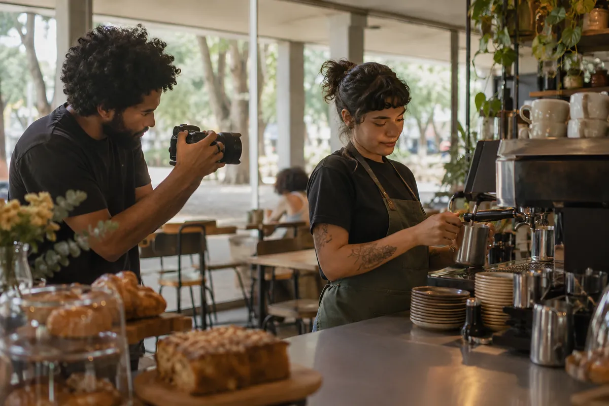 Pequena equipe grava um vídeo curto enquanto a barista prepara um café