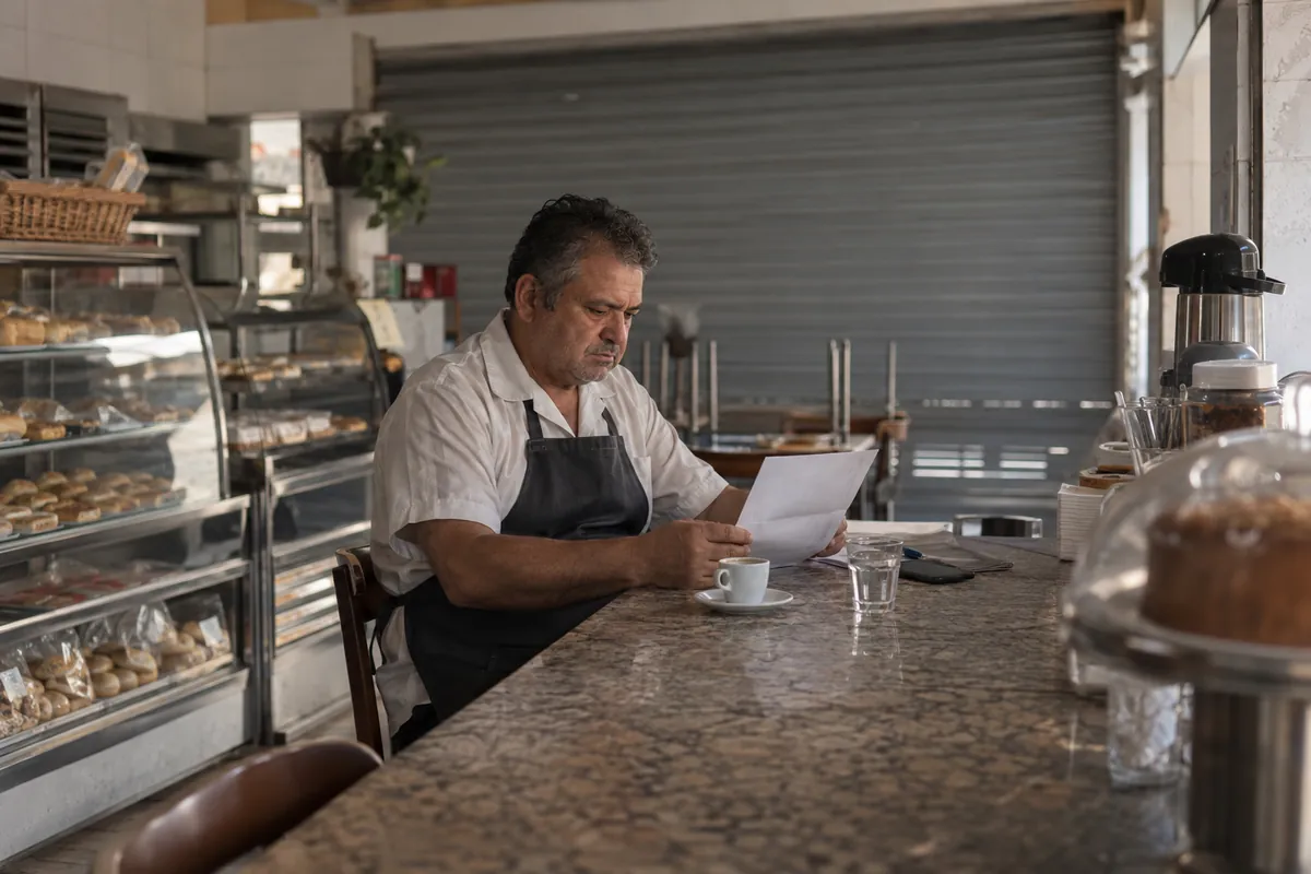Dono de padaria lê uma folha impressa enquanto toma café no balcão, antes de abrir